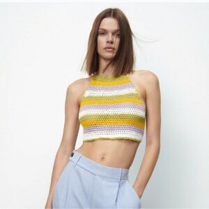 Zara Crochet Knit Halter Tie Back Crop Top in Multi Stripe | Small